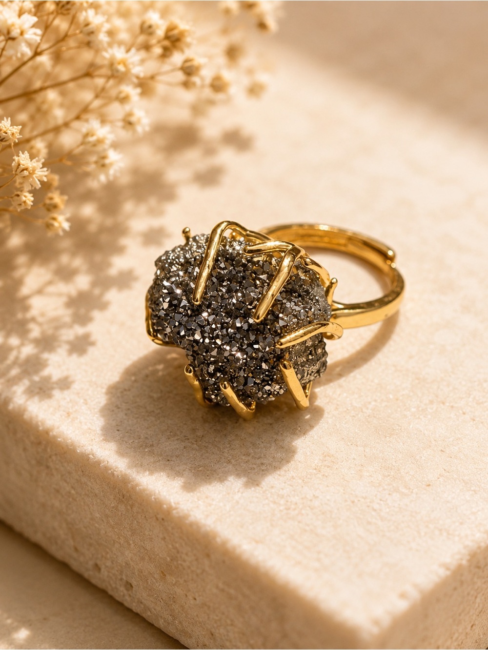 Gold Natural Raw Stone Ring with Sparkling Gray Druzy Stone - Women Jewelry